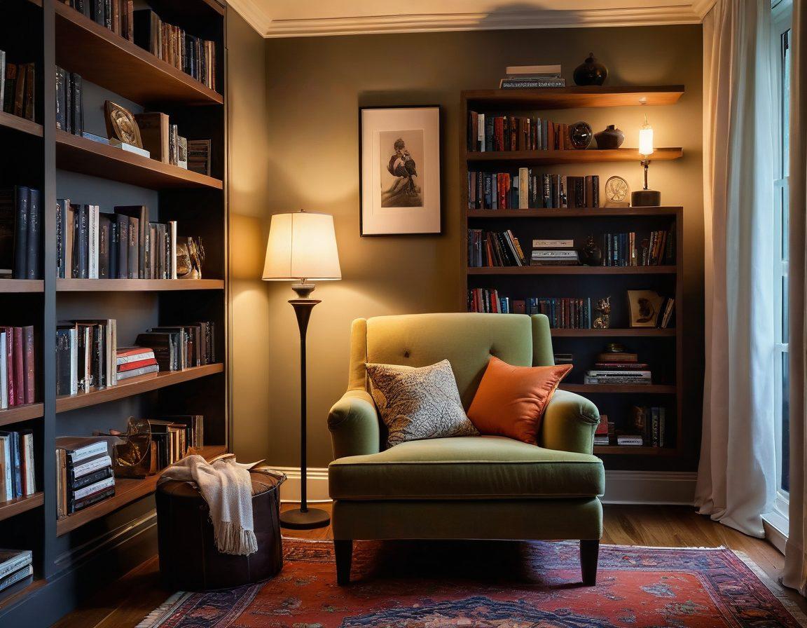 A cozy, inviting reading nook with an open book displaying suggestive illustrations of erotic tales, soft candlelight casting warm shadows, a plush armchair, and a stylish bookshelf filled with various erotic novels. Tasteful art adorns the walls, hinting at sensuality and exploration. The atmosphere is intimate and warm, encouraging relaxation and curiosity. super-realistic. vibrant colors. soft lighting.
